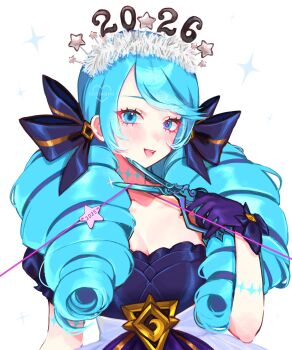 1girl 2026 absurdres black_bow black_gloves blue_hair bow breasts collarbone dress drill_hair glove_bow gloves gwen_(league_of_legends) hair_bow highres holding holding_scissors large_breasts league_of_legends loltinami long_hair looking_at_viewer scissors smile solo teeth twin_drills twintails