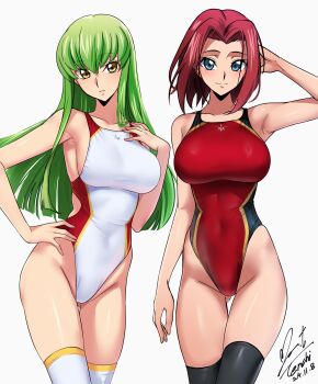 2girls absurdres arm_at_side arm_behind_head arm_up armpits ass bare_arms bare_shoulders black_thighhighs blue_eyes blush bob_cut breasts c.c. closed_mouth code_geass commentary_request competition_swimsuit covered_navel cowboy_shot dated gluteal_fold green_hair groin hair_intakes hand_on_own_hip highleg highleg_one-piece_swimsuit highres kouzuki_kallen large_breasts long_hair looking_at_viewer multiple_girls one-piece_swimsuit red_hair red_one-piece_swimsuit revision short_hair sidelocks signature simple_background smile standing swimsuit thigh_gap thighhighs white_background white_one-piece_swimsuit white_thighhighs yellow_eyes yoo_tenchi