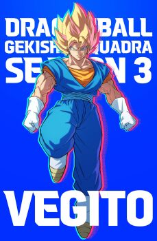 Rule 34 | 1boy, blonde hair, blue background, blue pants, blue sash, blue shirt, boots, character name, clenched hands, closed mouth, copyright name, dandan mong, dougi, dragon ball, dragon ball gekishin squadra, dragonball z, full body, gloves, green eyes, highres, male focus, muscular, muscular male, orange shirt, pants, sash, shirt, simple background, smirk, solo, vegetto, white boots, white gloves
