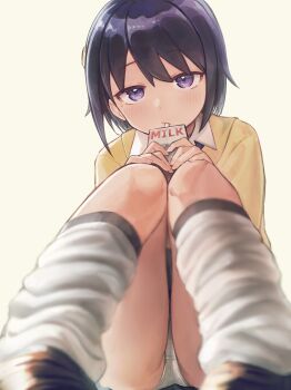 1girl absurdres black_hair blurry blurry_foreground collared_shirt drink_carton drinking_straw drinking_straw_in_mouth expressionless foreshortening hai_bokusha highres holding holding_carton juice_box looking_at_viewer loose_socks milk_carton mole mole_under_eye panties pantyshot purple_eyes school_girl_strikers shirt short_hair simple_background socks solo sumihara_satoka underwear white_panties white_socks yellow_background yellow_shirt