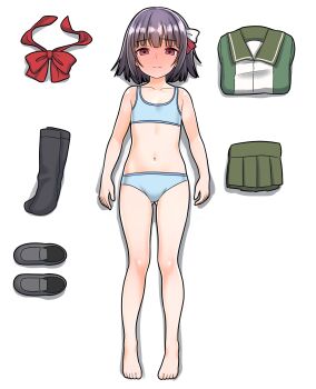 1girl absurdres black_hair black_shoes black_socks blue_bra blue_panties blunt_bangs blush bow bowtie bra commentary_request commission full-face_blush full_body furaggu_(frag_0416) green_sailor_collar green_shirt green_skirt hair_ribbon highres ishigaki_(kancolle) kantai_collection kneehighs knees legs loafers lying medium_hair navel nipples on_back panties pixiv_commission purple_eyes red_bow red_bowtie red_ribbon ribbon sailor_collar school_uniform serafuku shirt shoes simple_background skirt socks stomach thighs toes underwear unworn_bowtie unworn_shirt unworn_shoes unworn_skirt unworn_socks variant_set white_background white_ribbon