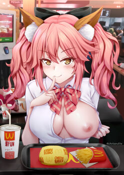1girl animal_ear_fluff animal_ears blouse blush bow bowtie breasts chrisandita closed_mouth cloud collared_shirt cup disposable_cup exhibitionism fate/extra fate/grand_order fate_(series) finger_to_mouth flashing food fox_ears french_fries highres index_finger_raised indoors large_breasts long_hair looking_at_viewer mcdonald&#039;s nipples no_bra official_alternate_costume one_breast_out open_clothes open_shirt oppai_challenge presenting_breasts public_indecency red_bow red_neckwear shirt smile solo_focus striped_bow striped_bowtie striped_clothes striped_neckwear table tamamo_(fate) tamamo_jk_(fate) tamamo_no_mae_(fate) tray twintails twitter_username upper_body yellow_eyes