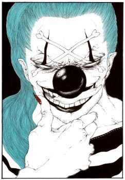 1boy bad_id bad_pixiv_id beard_stubble black_background black_lips black_nails blue_hair buggy_the_clown clown_nose empty_eyes evil_smile facepaint facial_hair finger_to_own_chin hair_slicked_back lipstick long_hair makeup male_focus monochrome nail_polish official_alternate_costume one_piece open_mouth pixiv_3072434 ponytail prison_clothes red_nails simple_background smile solo spot_color stubble tongue tongue_out