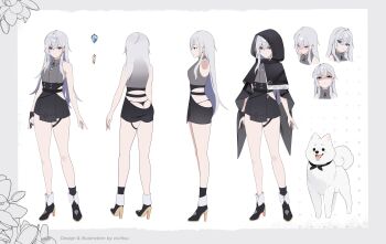 1girl absurdres ankle_cuffs ass bare_arms black_boots black_capelet black_panties black_skirt blue_eyes blue_gem boots breasts brooch cape capelet cleavage collared_shirt dog eevyart full_body gem grey_hair grey_shirt high-waist_skirt high_heel_boots high_heels highres hood hood_up hooded_capelet indie_virtual_youtuber jewelry long_hair medium_breasts micro_panties miniskirt multiple_expressions multiple_views panties partially_shaded_face reference_sheet shirt skirt sleeveless sleeveless_shirt solo thong thong_panties underwear virtual_youtuber viviitsu_(vtuber) whale_tail_(clothing) white_ankle_cuffs white_dog
