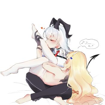 2girls absurdres barefoot black_gloves blonde_hair blush closed_eyes collared_shirt commentary covering_face demon_horns demon_tail english_commentary gloves hairband hand_on_another&#039;s_leg heart highres horns kissing_leg long_hair lying_on_lap mikori multiple_girls necktie pantyhose phoebe_(wuthering_waves) red_necktie shirt simple_background speech_bubble tail toes topless_female white_background white_hair white_hairband white_pantyhose white_shirt wuthering_waves yuri zani_(wuthering_waves)