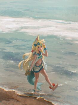 1girl ahoge animal_ears barefoot beach ben-day_dots bikini bikini_bottom_under_shorts bikini_under_clothes blonde_hair blue_bikini blue_bow blue_eyes blue_hair blue_sailor_collar blunt_bangs bow cat_ears day dress fins fish_girl fish_tail frilled_sailor_collar frills hair_bow hand_up highleg highleg_bikini highres holding holding_sandals indie_virtual_youtuber kokono_ka lifebuoy_hair_ornament long_hair looking_at_viewer low_twintails multicolored_hair navel one_side_up outdoors sailor_collar sailor_dress sameko_saba sandals screentones short_shorts shorts sleeveless sleeveless_dress solo stomach streaked_hair swimsuit tail twintails unbuttoned very_long_hair virtual_youtuber white_dress white_hair white_shorts