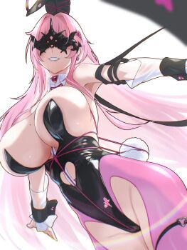 1girl absurdres animal_ear_hairband animal_ears black_leotard black_wrist_cuffs breasts clothing_cutout commentary_request crotchless crotchless_pantyhose eye_mask fake_animal_ears fake_tail fune_(fune83ojj) goddess_of_victory:_nikke hairband heart_cutout highres huge_breasts leotard long_hair mask mole mole_on_breast mole_under_eye name_tag_hair_ornament pantyhose pink_hair pink_pantyhose pink_rope playboy_bunny rabbit_ear_hairband rabbit_ears rabbit_tail rope shibari shibari_over_clothes solo tail undersized_breast_cup velvet_(nikke) very_long_hair wrist_cuffs