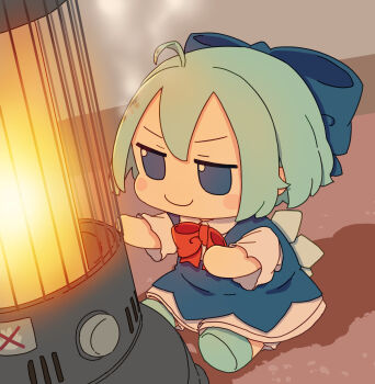 Rule 34 | >:), 1girl, absurdres, ahoge, blue bow, blue eyes, blue hair, blue shoes, blush stickers, bow, bowtie, burning, chibi, chibi only, cirno, closed mouth, collared dress, commentary, dress, dutch angle, full body, fumo (doll), hair between eyes, hair bow, heater, highres, indoors, jitome, kame (kamepan44231), major injury underreaction, on ground, red bow, red bowtie, shadow, shoes, short hair, short sleeves, sitting, smile, smoke, solo, touhou, v-shaped eyebrows, wings