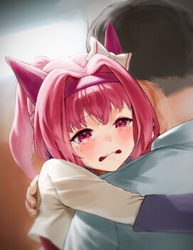1boy 1girl absurdres black_hair commentary commentary_request crying crying_with_eyes_open english_commentary grey_shirt hair_intakes hairband haru_urara_(umamusume) highres horse_girl hug jacket long_hair medium_hair moohyungking pink_eyes pink_hair ponytail purple_hairband shirt short_hair tears trainer_(umamusume) umamusume very_short_hair white_jacket