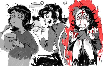 1boy abaddon_(haunted_hotel) bags_under_eyes bleeding blender_(object) blood blood_on_face blood_on_hands coat commentary_request fire food haunted_hotel highres ice_cream korean_commentary looking_at_viewer male_focus medium_hair mongjea multiple_views simple_background sitting spot_color white_background