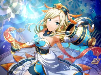 Rule 34 | 1girl, aqua eyes, blonde hair, blue gloves, chalice, closed mouth, cup, detached sleeves, dress, earrings, frown, game cg, gears, gloves, holding, holding cup, holding jar, jar, jewelry, long hair, looking at viewer, official art, pouring, shoujo kageki revue starlight, shoujo kageki revue starlight -re live-, solo, strapless, strapless dress, tarot, temperance (tarot), upper body, water, white dress, yumeoji fumi