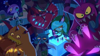 1girl 2025 5boys beard black_skin blue_eyes blue_hair blue_nails blue_skin bracelet claws colored_sclera colored_skin commentary crossed_arms drumsticks eating eyeshadow facial_hair food glowing green_eyes green_hair green_skin height_difference horns jewelry karasuno_yui long_eyelashes long_tongue looking_at_another makeup monster_boy monster_girl multicolored_skin multiple_boys muscular muscular_male nail_polish night no_nose official_art old old_man oni oni_horn open_mouth outdoors painting_nails pink_nails pink_skin purple_eyes purple_hair purple_lips red_eyes red_skin sega sharp_teeth single_horn sonic_(series) sonic_channel sonic_lost_world spiked_bracelet spikes tail teeth tongue two-tone_skin white_hair white_skin yellow_eyeshadow yellow_lips yellow_nails yellow_sclera yellow_skin zavok_(sonic) zazz zeena zik zomom zor_(sonic)