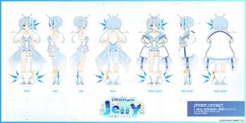 1girl absurdres bare_shoulders blue_dress blue_eyes blue_hair breasts closed_mouth collarbone commentary_request covered_navel dress from_behind from_side hair_intakes hairband headset highres jacket jelly_hoshiumi jelly_hoshiumi_(wish) long_hair long_sleeves loose_socks multiple_views official_art open_clothes open_jacket phase_connect platform_shoes reference_sheet ruhee scouter second-party_source see-through_clothes shoes single_thighhigh sleeves_past_fingers sleeves_past_wrists small_breasts smile socks star_(symbol) star_in_eye symbol_in_eye textless_version thighhighs twitter_username virtual_youtuber white_background white_jacket white_shoes white_socks white_thighhighs yellow_hairband zoom_layer