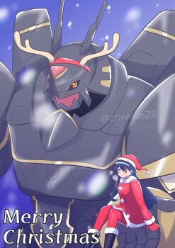 1girl absurdres alphamon armor black_armor black_helmet blurry blurry_foreground christmas commentary crawise28 digimon digimon_(creature) dress english_commentary fake_antlers forehead_jewel hat helmet highres knight original pantyhose red_dress red_hat red_pantyhose santa_hat snowing twitter_username upper_body watermark