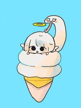 1girl angel black_eyes blue_background chibi chibi_only food food-themed_creature halo highres ice_cream ice_cream_cone in_food licking_another's_hair looking_at_viewer open_mouth original pankichi_anko simple_background snake soft_serve solo tareme tongue tongue_out white_hair white_wings wings
