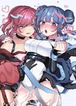 2girls bare_shoulders black_gloves blue_hair blue_jacket blush breasts commentary_request double_bun duel_monster ear_piercing evil_twin_ki-sikil evil_twin_lil-la gloves green_eyes hair_between_eyes hair_bun hand_on_another&#039;s_hip hand_on_another&#039;s_shoulder heart heart_in_eye highres iruka_no_kasa_(dolphin_diary) jacket ki-sikil_(yu-gi-oh!) large_breasts leotard lil-la_(yu-gi-oh!) long_sleeves looking_at_another multiple_girls official_alternate_costume official_alternate_hairstyle piercing pink_hair pink_jacket purple_eyes red_hair simple_background symbol_in_eye twitter_username white_leotard yu-gi-oh! yuri