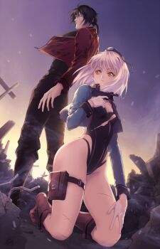 1boy 1girl arm_at_side black_hair black_leotard blue_jacket blue_sky bob_cut boots breasts brown_eyes brown_footwear character_request closed_mouth commentary_request concrete cropped_jacket cuts evening eyelashes finger_on_trigger from_below full_body garrison_cap girls'_frontline gloves gun hair_blowing hand_on_own_chest hand_on_own_knee handgun hat holding holding_gun holding_weapon injury ishimaru_f jacket knee_boots kneeling legs leotard looking_to_the_side luger_p08 on_ground open_clothes open_jacket p08_(girls'_frontline) pants pistol ponytail pouch rebar red_jacket rubble scar signpost sky small_breasts smoke sunlight thigh_pouch thigh_strap thighs torn_clothes torn_gloves torn_leotard twilight weapon white_gloves white_hair wreckage yellow_eyes
