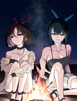2girls absurdres bandeau bikini black_bandeau black_camisole black_choker black_tank_top blue_archive blue_halo breasts camisole campfire choker colored_inner_hair commentary_request cross_halo denim denim_shorts halo highres korean_commentary looking_to_the_side misaki_(blue_archive) misaki_(swimsuit)_(blue_archive) multicolored_hair multiple_girls nasipeuran night official_alternate_costume pinstripe_pattern pinstripe_shirt red_halo saori_(blue_archive) saori_(swimsuit)_(blue_archive) shirt shorts sitting sky star_halo striped_clothes striped_shirt swimsuit tank_top vertical-striped_clothes vertical-striped_shirt