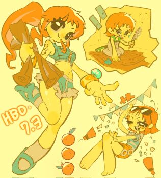 1girl 2025 aged_down alternate_costume bangle bare_shoulders barefoot birthday bracelet child closed_mouth commentary_request confetti crop_top dated dress eyewear_on_head food fruit full_body happy_birthday high_ponytail highres holding holding_map holding_quill jewelry kneehighs korean_commentary log_pose long_hair mandarin_orange map midriff miniskirt multiple_views nami_(one_piece) nami_(one_piece)_(east_blue) navel one_piece open_mouth orange_hair orange_skirt party_popper ponytail quill sandals seiza shirt short_hair short_sleeves shoulder_tattoo sitting skirt sleeveless sleeveless_dress smile socks sparkle spookeygoost striped_clothes striped_shirt sunglasses tattoo