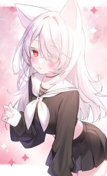 1girl animal_ears black_choker black_serafuku black_skirt cat_ears choker closed_mouth colored_eyelashes commission crop_top crop_top_overhang eyes_visible_through_hair hair_over_one_eye hakua_aa hashtag-only_commentary heterochromia highres leaning_forward long_hair long_sleeves looking_at_viewer midriff miniskirt neckerchief original pleated_skirt red_eyes sailor_collar school_uniform serafuku skeb_commission skirt smile solo white_eyelashes white_hair white_neckerchief white_sailor_collar yellow_eyes