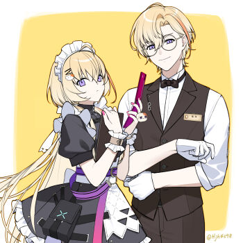 1boy 1girl absurdres black_bow black_bowtie black_dress black_pants black_vest blonde_hair border bow bowtie brown-framed_eyewear butler cellphone clip_studio_paint_(medium) closed_mouth collared_shirt dress dress_shirt dual_persona flip_phone frilled_dress frills fura_kanato glasses gloves hair_between_eyes highres holding holding_phone jh kana_(fura_kanato) long_hair maid maid_headdress multicolored_hair nail_polish nijisanji orange_hair pants phone pleated_dress puffy_short_sleeves puffy_sleeves purple_eyes purple_nails round_eyewear shirt short_sleeves smile streaked_hair twitter_username very_long_hair vest virtual_youtuber white_border white_gloves white_shirt yellow_background
