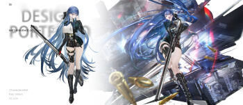 Rule 34 | 1girl, black boots, black dress, blue hair, boots, bullet, copyright name, dress, glasses, gun, hair ribbon, highres, holding, holding gun, holding weapon, long hair, mist sequence, purple eyes, ribbon, rifle, short dress, tight clothes, tight dress, weapon, yi yuansu san gong