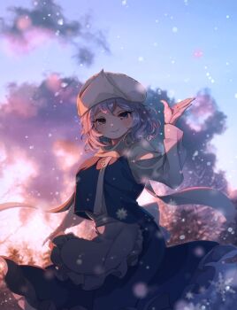 1girl apron arm_up artist_name blue_skirt blue_vest closed_mouth cloud commentary_request cowboy_shot dated hair_between_eyes highres letty_whiterock long_sleeves looking_at_viewer medium_hair outdoors purple_eyes purple_hair shirt skirt smile snowflakes snowing solo tami_(joemanyodw) touhou twilight vest waving white_apron white_hair white_shirt