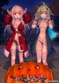 2girls absurdres ahoge animal_ears belt blush breasts candy clara_(honkai:_star_rail) coat commentary english_commentary fiery_tail fire food fox_ears green_eyes green_hair hat highres honkai:_star_rail honkai_(series) huohuo_(honkai:_star_rail) jimpu6 loli long_hair multiple_girls mummy_costume navel night open_mouth outdoors purple_eyes sky small_breasts star_(sky) starry_sky symbol-shaped_pupils tail white_hair
