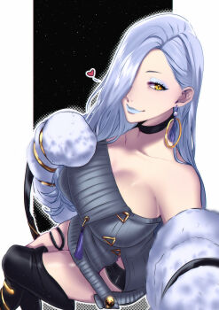 1girl absurdres bare_shoulders blue_lips breasts choker closed_mouth collarbone commentary dress earrings eyeliner fate/grand_order fate_(series) grey_dress grey_hair hair_over_one_eye highres hoop_earrings jacket jewelry large_breasts long_hair long_sleeves looking_at_viewer makeup mrs._snake_(fate) off_shoulder smile solo sweater sweater_dress thighhighs togeko white_jacket yellow_eyes