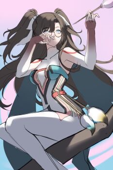 1girl aqua_dress aqua_eyes bare_shoulders brown_hair closed_mouth commentary covered_collarbone dress elbow_sleeve english_commentary glasses highres holding holding_paintbrush i_a_n inktober long_hair multicolored_eyes on_branch paintbrush pantyhose pink_eyes sitting sitting_on_branch solo twintails two-tone_eyes very_long_hair white_pantyhose wuthering_waves zhezhi_(wuthering_waves)