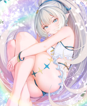 1girl absurdres armpit_crease artist_name ass bikini bikini_skirt blue_bikini blue_eyes blue_ribbon breasts closed_mouth commentary crossed_legs english_commentary extra_pupils fang feet_out_of_frame fetal_position frilled_bikini frills grey_hair hair_in_own_mouth hair_ribbon hairband high_ponytail highres holding_own_leg interlocked_fingers long_hair looking_at_viewer loose_hair_strand multicolored_bikini o7fian official_alternate_costume official_alternate_hairstyle pointy_ears ponytail ribbon signature small_breasts solo stella_sora swimsuit thighs two-tone_bikini tyrant_(stella_sora) very_long_hair white_bikini white_hairband wristband