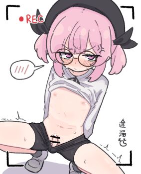 1boy anger_vein ausonlee bar_censor bike_shorts bike_shorts_pull black_hat black_shorts censored clothes_lift clothes_pull commentary_request furrowed_brow glasses grey_socks hair_ribbon hat jitome looking_at_viewer nipples original penis pink_hair recording ribbon shirt shirt_lift shoes shorts shorts_pull small_penis socks solo spoken_blush squatting sweat trap twintails twitching viewfinder white_shirt white_shoes