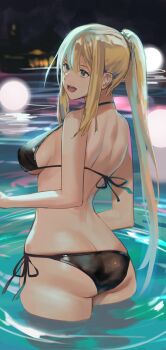 1girl :d ass bikini black_bikini blonde_hair blue_eyes blurry blurry_background breasts butt_crack darkness_(konosuba) female_focus hair_between_eyes highres j@ck kono_subarashii_sekai_ni_shukufuku_wo! large_breasts long_hair open_mouth partially_submerged ponytail side-tie_bikini_bottom sideboob smile solo swimsuit underboob