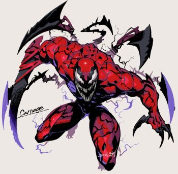 1boy blade_arm blank_eyes carnage_(marvel) character_name claws colored_skin commentary_request full_body male_focus marvel monster_boy multicolored_skin muscular muscular_male open_mouth red_skin sharp_teeth sido_(slipknot) smile solo spider-man_(series) symbiote teeth tendril tendrils_from_back two-tone_skin