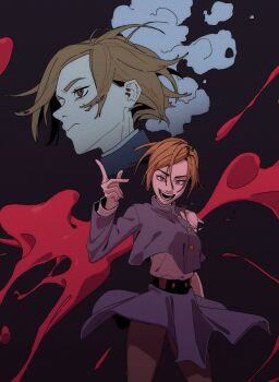 1girl blue_jacket blue_skirt breasts brown_eyes brown_hair cowboy_shot frown furrowed_brow gold_buttons highres jacket jujutsu_kaisen jujutsu_tech_uniform kugisaki_nobara medium_breasts multiple_views onasugar open_mouth school_uniform shirt short_hair skirt smile solo swept_bangs torn_clothes torn_sleeves upper_body white_shirt