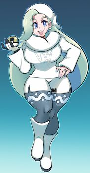 1girl absurdres blue_eyes breasts earrings fur_collar fur_hat gloves hat highres holding holding_poke_ball jewelry large_breasts long_hair long_sleeves mature_female melony_(pokemon) missandydandy multicolored_hair nintendo open_mouth pantyhose pantyhose_under_shorts pearl_earrings plump poke_ball pokemon pokemon_swsh ring shorts side_slit side_slit_shorts single_glove smile solo streaked_hair sweater teeth ultra_ball upper_teeth_only ushanka wedding_ring white_hat white_sweater