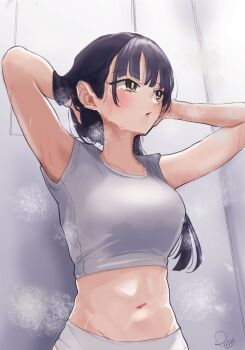 1girl arms_up boku_no_kokoro_no_yabai_yatsu commentary_request crop_top hands_in_own_hair highres long_hair looking_afar mole mole_on_neck multiple_moles navel paso signature sleeveless solo steam steaming_body stomach sweat upper_body yamada_anna