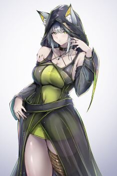 1girl absurdres animal_ear_fluff animal_ears arknights bare_shoulders black_dress breasts cleavage closed_mouth collarbone commentary_request covered_navel cowboy_shot dress ears_through_hood green_dress green_eyes grey_background grey_hair hair_between_eyes hand_in_own_hair hand_on_own_hip hand_up highres hood hood_up hooded_dress kal&#039;tsit_(advisor)_(arknights) kal&#039;tsit_(arknights) large_breasts long_sleeves looking_at_viewer material_growth oripathy_lesion_(arknights) partial_commentary poni_(poni_arknights) revision short_hair solo standing