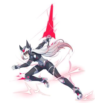 1girl absurdres adapted_costume alternate_costume armor armored_boots body_armor bodystocking boots breasts chest_jewel commission commissioner_upload covered_navel electricity energy energy_sword facial_mark fake_zero_(mega_man) fighting_stance forehead_jewel full_body gauntlets genderswap genderswap_(mtf) helmet highres holding holding_sword holding_weapon knee_armor knee_boots mature_female mechanical_ears medium_breasts mega_man_(series) mega_man_x2 mega_man_x_(series) multicolored_hair non-web_source red_eyes red_streaks shaded_face shorts shoulder_armor solo streaked_hair sword thighs transparent_background two-tone_hair uta_guipiy wavy_hair weapon white_hair