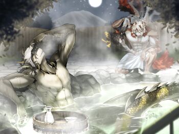 3boys aak_(arknights) abs alcohol arknights bara bottle choko_(cup) cup dragon_boy dragon_horns dripping fins fish_tail flailing furry furry_with_furry highres horns hung_(arknights) korean_commentary lee_(arknights) looking_at_object looking_at_viewer moon mountain multiple_boys mythological_creature onsen pectorals sake sake_bottle single_horn star_(sky) steam sweat sweatdrop tail tokkuri topless_male towel towel_on_head towel_on_legs wet yan_te_yan