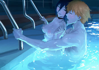 1boy 1girl ass black_choker blue_hair breasts censored censored_nipples chainsaw_man choker closed_eyes denji_(chainsaw_man) green_eyes hair_between_eyes hetero highres implied_sex medium_breasts open_mouth orange_hair pink_nails pool poolside pull_cord reze_(chainsaw_man) sharp_teeth short_hair spykeee teeth wading water