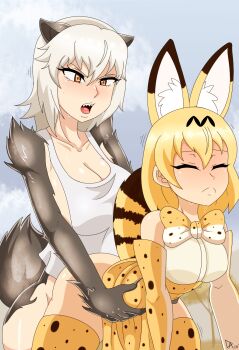 10s 2girls animal_ears ass blonde_hair breasts closed_eyes crossover dalley-the-alpha doggystyle highres implied_sex kemono_friends killing_bites large_breasts multiple_girls no_panties orange_eyes serval_(kemono_friends) serval_tail sex sex_from_behind sharp_nails sharp_teeth silver_hair sweat tail teeth uzaki_hitomi yuri