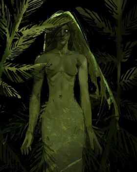 1girl absurdres black_background empty_eyes facing_viewer fern green_hair green_theme highres long_hair looking_at_viewer mermaid monster_girl nude original painterly partially_shaded_face plant ribs simple_background solo straight-on straight_hair twulfs underwater white_eyes
