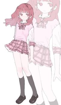 1girl chikuwa_(tikuwa_primagi) closed_mouth collared_shirt full_body harune_aira kneehighs loafers long_hair looking_at_viewer miniskirt pink_skirt pink_vest plaid_clothes plaid_skirt pleated_skirt pretty_rhythm pretty_rhythm_aurora_dream pretty_series red_eyes red_hair school_uniform shirt shoes skirt socks solo standing vest white_background white_shirt zoom_layer