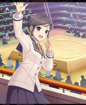 6+boys 6+girls :d arm_up black_eyes black_hair blazer blue_skirt buttons cowboy_shot cushion game_cg game_screenshot hair_ornament hand_up hands_on_lap jacket long_sleeves looking_at_viewer low_ponytail multiple_boys multiple_girls necktie official_art on_ground open_mouth ponytail railing renpu_girls_school_uniform resized ring_hair_ornament school_uniform shirt sidelocks sitting skirt smile solo_focus sumo_ring tamaki_marie third-party_source toji_no_miko toji_no_miko:_kizamishi_issen_no_tomoshibi upscaled waving white_jacket white_shirt yellow_necktie zabuton