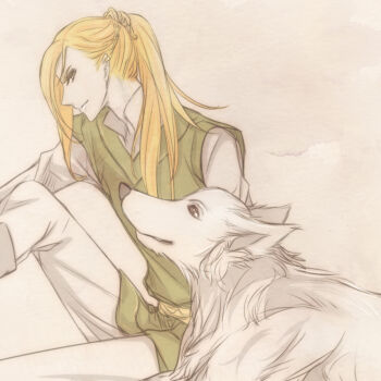 1boy adam's_apple animal artist_request belt blonde_hair braid celegorm closed_mouth dog elf green_tunic huan_(silmarillion) long_hair looking_up male_focus pointy_ears ponytail profile simple_background sitting source_request the_silmarillion tolkien's_legendarium tunic white_dog white_fur