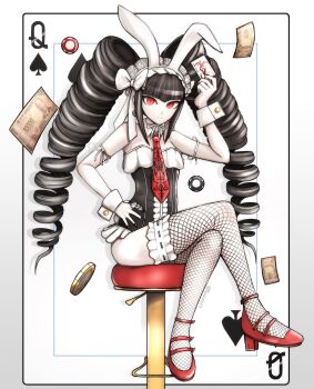 Rule 34 | 1girl, alternate costume, animal ears, black hair, black leotard, black nails, bow, card, celestia ludenberg, closed mouth, collar, commentary, danganronpa: trigger happy havoc, danganronpa (series), detached collar, drill hair, english commentary, eyelashes, fishnet thighhighs, fishnets, fukuzawa yukichi, full body, hand on own hip, high heels, highres, holding, holding card, joker (playing card), leotard, money, nail polish, necktie, official alternate costume, on stool, pale skin, playboy bunny, playing card, poker chip, queen (playing card), queen of spades (playing card), rabbit ears, rancorart, red eyes, red necktie, red shoes, shoes, sitting, smile, solo, stool, thighhighs, white bow, white collar, white wrist cuffs, wrist cuffs