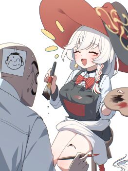 1boy 1girl absurdly_long_hair absurdres apron black_apron blue_archive bow bowtie braid breasts choonbongwoori closed_eyes collared_shirt commentary_request doodle_sensei_(blue_archive) eri_(blue_archive) grey_hair halo hat highres holding holding_paint_palette holding_paintbrush large_breasts long_hair low_ponytail open_mouth paint_on_body paint_on_clothes paint_palette paint_splatter paint_splatter_on_face paintbrush ponytail red_bow red_bowtie red_hair sensei_(blue_archive) shirt simple_background single_braid sitting sleeves_rolled_up smile stool undershirt very_long_hair white_background white_shirt witch witch_hat wooden_stool