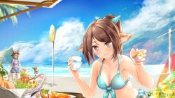 Rule 34 | 3girls, alternate costume, amiya (arknights), animal ears, arknights, bare arms, bare shoulders, beach, bikini, blue bikini, blue sky, breasts, brown hair, ceobe (arknights), cloud, commentary request, cup, day, fox ears, front-tie bikini top, front-tie top, hands up, highres, holding, holding cup, large breasts, looking at viewer, multiple girls, navel, o o, ocean, off-shoulder shirt, off shoulder, official alternate costume, outdoors, perfumer (arknights), ponytail, purple eyes, rabbit ears, revision, shirt, short hair, sky, smile, stomach, swimsuit, upper body, yokaze (yokajie)