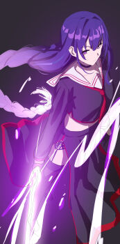 Rule 34 | 1girl, absurdres, black choker, black thighhighs, blue archive, braid, breasts, chela77, choker, cosplay, garter belt, genshin impact, hasumi (blue archive), hasumi (blue archive) (cosplay), highres, large breasts, long hair, looking at viewer, low-braided long hair, low-tied long hair, mole, mole under eye, purple eyes, purple hair, raiden shogun, school uniform, serafuku, solo, thighhighs, thighs, very long hair